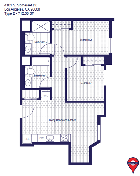 Floor plan for 2 beds, 2 baths, 650 sqft